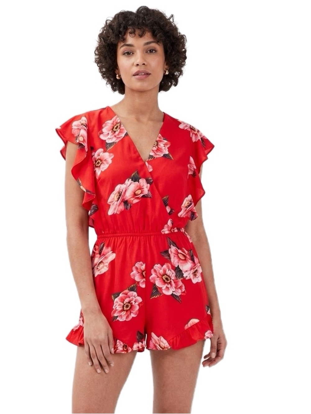 Umgee Red Floral Surplice Ruffled Romper size Small